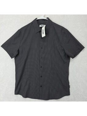 DKNY Mens Short Sleeve Button Front Shirt Size M Chain-Link Weave Pattern Black
